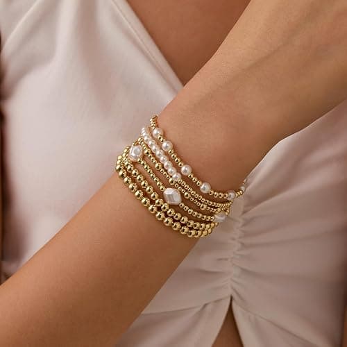 Miss Pink Gold Beaded Bracelets Set for Women Waterproof, 14k Gold-Plated Dainty Round Bead Cross Pearl Bracelet Beaded Non Tarnish Stretch Bracelet for Christmas Stockings Gifts Stackable Bracelet thumbnail 4