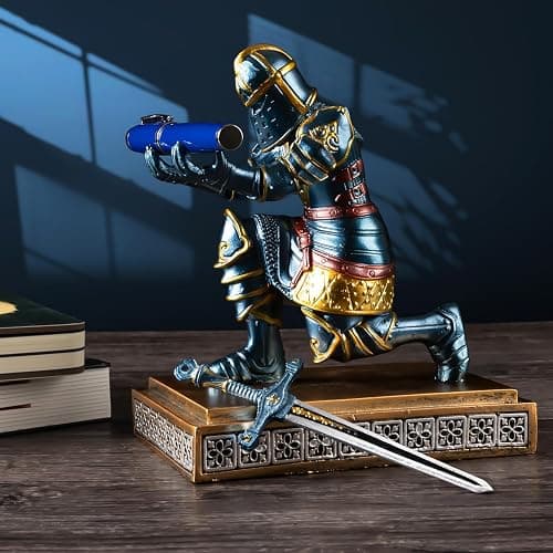 MACLARONX Kneeling Knight Pen Holder with Sword Medieval Warrior Fancy Pencil Stand for Office Desk Home Decor for Men Father Husband Armor Soldier Statue thumbnail 2