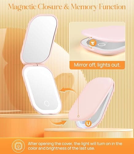 Gospire Lighted Travel Makeup Mirror with Light and Magnification 1X/3X, Stepless Dimming and 3 Color Adjustable Lights, Rechargeable Battery and Compact Size for Purse and Portable Use - Light Pink thumbnail 6