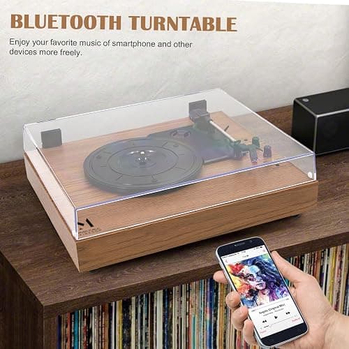 MPK Vintage Style 3 Speeds Wireless Input Record Player, Built-in Dual Premium Speakers,Belt Drive,RCA Output,Aux in,Fulll Size Platter Turntable, Yellow Wood thumbnail 5