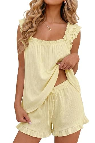 OUGES 100% Cotton Pajamas for Women 2 Piece Ruffle Tank Top and Shorts Cute Bridal Pjs Soft Sleepwear Lounge Set with Pockets - Image 1