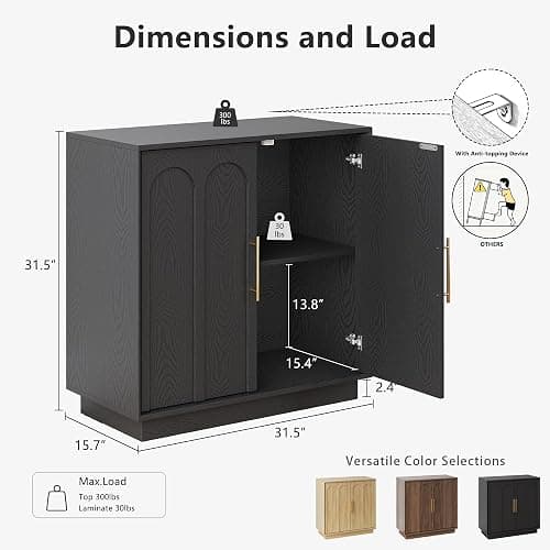 FORTUNETEC Sideboard Buffet Cabinet with Storage, Modern Accent Cabinet with Arched Doors & Shelf, 31.5" Modular Media Console, Minimalist Credenza for Living Room Kitchen Dining Room Entryway, Black thumbnail 2