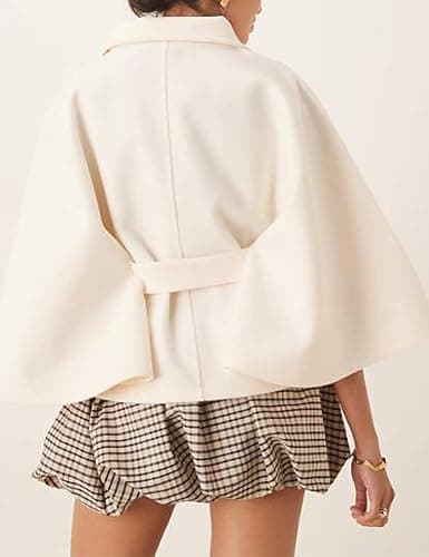 OPCAKM Women's Batwing Sleeve Poncho Coat Oversized Winter Pea Coat Stand Collar Cropped Cape Jacket with Belt thumbnail 3