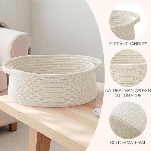 JMvicyroam Woven Basket,Small Rope Storage Bin with Handles & Ribbon Bag, Organizer for Shelves Closets,Gift Basket Empty for Birthday,Books,Dog Toys,White thumbnail 4