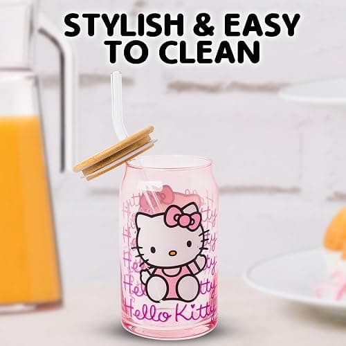 Silver Buffalo Sanrio Hello Kitty Waving Pink Glass Jar Tumbler with Bamboo Lid and Glass Straw, 16 Ounces | Sanrio, Waving, Jar, Tumbler, Bamboo Lid, Glass Straw thumbnail 8