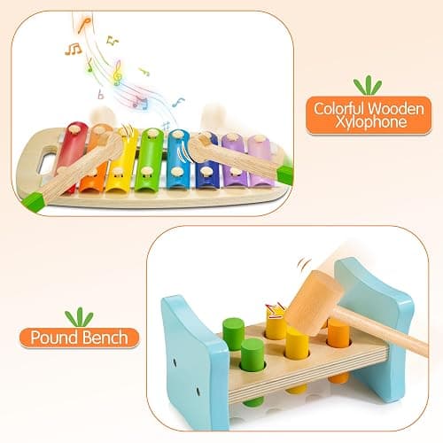 WOODMAM Wooden Montessori Toys for 1+ Year Old, 9 in 1 Learning Educational Toys for Toddler with Educational Box, Xylophone, Pound Bench, Shape Puzzle and More, Baby Toy Gift for 12-18 Months thumbnail 5