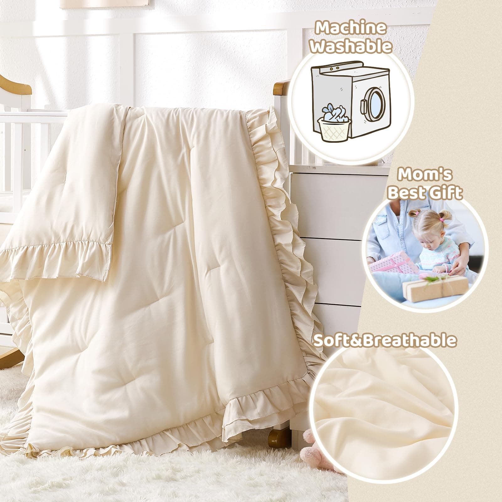 Wowelife - Juego de ropa de cama para cuna, juego de edredón de 3 piezas para niñas, juego de ropa de cama bohemio con volantes incluye edredón para cuna, sábana bajera ajustable para cuna y falda thumbnail 8