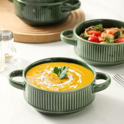 Howise Soup Bowls with Handles, 23 oz French Onion Soup Crocks, Stackable Soup Bowl Oven Safe for Chili, Beef Stew, Embossment Ceramic Bowl Set - 5.4 Inch, Set of 4 (Green) thumbnail 6