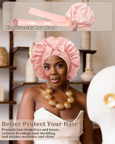 Reversible Satin Bonnet for Sleeping Women Double Layer Hair Bonnet with 2PCS Hair Scrunchies Elastic Tie Band Night Cap thumbnail 3