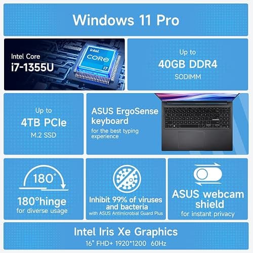 ASUS Vivobook 16 F1605 Business Pro Laptop, 16" WUXGA (1920 x 1200), Intel i7-1355U, 40GB RAM, 2TB SSD, Bundle with PCO Notebook Folding Radiator, Laptop Cooler thumbnail 5