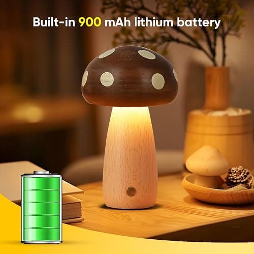LONRISWAY LED Wooden Mushroom Lamp for Bedroom,Portable Cordless Touch Switch Small Rechargeable Battery Operated Lamp,Stepless Dimming, Night Light for Birthday Gifts thumbnail 3