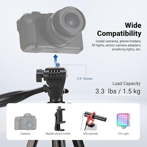 NEEWER Entry Level Version Tripod for Cell Phone & Camera, Metal Lightweight Portable Travel Stand with Cold Shoe Cellphone Holder Mount Compatible with iPhone for Video Recording Filming, TP53 thumbnail 5