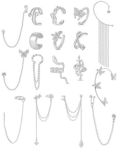 Tornito 17Pcs Ear Cuffs Chain Earrings Snake Butterfly Leaf Non Piercing Clip on Earring Fake Helix Cartilage Earrings Ear Clip Jewelry Silver Gold Tone - Image 1