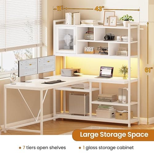 SEDETA L Shaped Computer Desk, 58'' Office Desk with LED Light and Bookshelf, L Shaped Corner Desk with Storage Shelves for Home Office, Gaming Desk, L Desk, White thumbnail 2