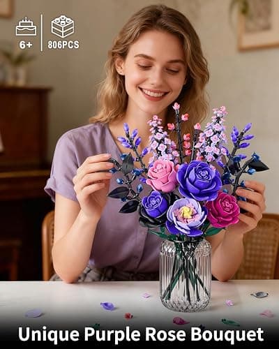 TYCOLE Flowers Bouquet Building Set - Purple Roses Botanical Collection Building Blocks for Adult Women, Artificial Flowers Gothic Home Decor Christmas Birthday Gift for Adults Kids Girls 6-12 thumbnail 2