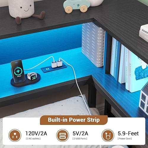 Hasuit Twin Corner Bed Frame with Storage Drawers and Bookcase Headboard, Twin Size Metal Platform Corner Bed Frame with Charging Station and LED Lights, Twin Daybed for Kids Teens Guests, Black thumbnail 5