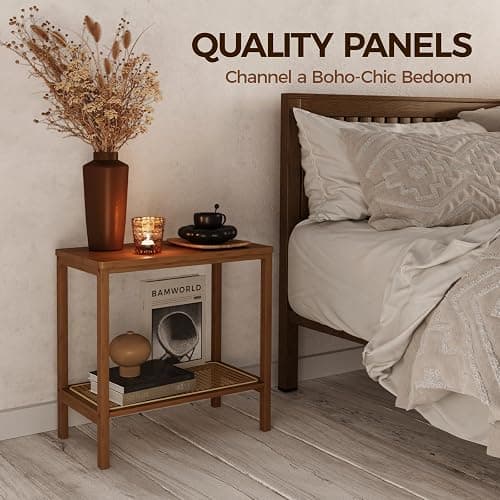 Rattan Side Table Mid Century Modern End Table Living Room 2-Tier End Table with Rattan Storage Shelves for Small Space Night Stand Narrow Coffee Table Boho Bamboo Small Bedside Table thumbnail 6