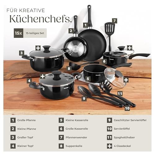 tectake® 15tlg Set mit 5x Küchenhelfer, 2x Pfanne, 4x Topf, jeweils mit Deckel, Kochtopf Set Antihaft Beschichtung, Töpfe + Pfannen aus Aluminium, Zubehör für Haushalt, Camping und Küche thumbnail 4