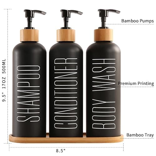 Prus Waso Shampoo and Conditioner Dispenser, Contains Shampoo Conditioner Body Wash Dispenser. Shower Dispenser with Bamboo Pumps & Tray, Perfect for Bathroom Essentials for New Home. (Black) - Black thumbnail 7