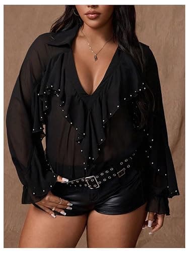 OYOANGLE Women's Plus Size Studded Ruffle Blouse Rave Tops Bishop Sleeve Deep V Neck Mesh Concert Shirts thumbnail 4