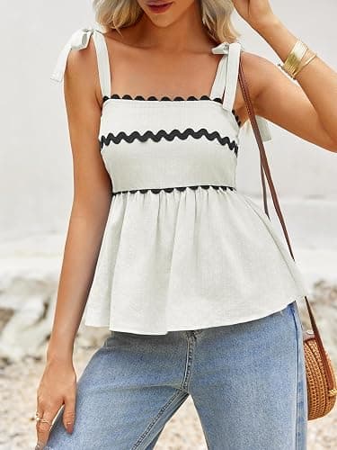 Tankaneo Womens Babydoll Tops Summer Tie Strap Peplum Tops Cute Tank Tops | Casual, Square Neck, Flowy Hem, Backless Top, Vacation Outfits thumbnail 5