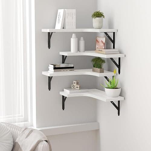 ROMGUAR CRAFT Corner Floating Shelves Wall Mounted Set of 4, Rustic Wood Storage Display Wall Shelves for Home Decor, Bathroom, Kitchen, Bedroom, Living Room, Office (White) thumbnail 5
