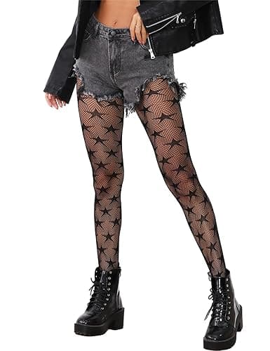 MEILiHiHi Striped Fishnet Tights, Skull Fishnets, Star Tights, Fish Net Stockings for Women Sexy - One Size - Stars
