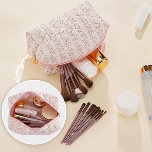 UUYUUY Makeup Bag Travel Toiletry Bag for Women, Small Cosmetic Bags Cute Quilted Cotton Makeup Pouch for Purse Emergency Bag Pencil Case Accessory Bag, Pastel Pink thumbnail 5
