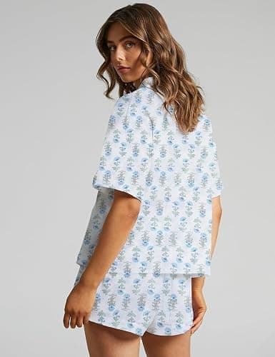 Flygo Womens Floral Pajamas Set Casual 2 Piece Outfits Button Down Shirt Shorts Linen Pj Lounge Sets Beach Vacation Wear thumbnail 3