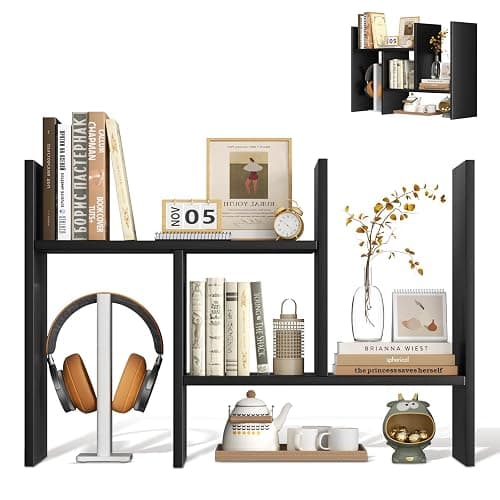 Mihoho Desktop Shelf Organizer, Adjustable Wood Desktop Bookshelf, Office Storage Rack, Wood Display Shelf for Home, Study, Office (Black c) - Image 1