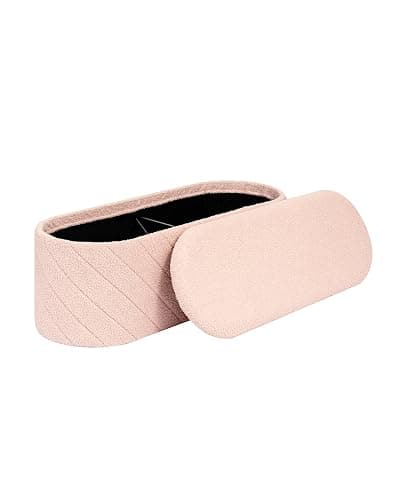 ZOLANOful Storage Ottoman Bench with Tray, 43.3 Inches Oval Ottoman with Storage, Folding Teddy Boucle Foot Rest Stool for Bedroom, Living Room, Entryway, Pink - Image 1