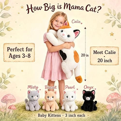 gnomantic Cat Stuffed Animals with Babies Inside, Mommy Toy for Kids | 5-Piece set: 1 mommy cat + 4 baby kittens inside. Unzip belly to reveal surprise babies. Ultra-soft, ages 3-8. thumbnail 3