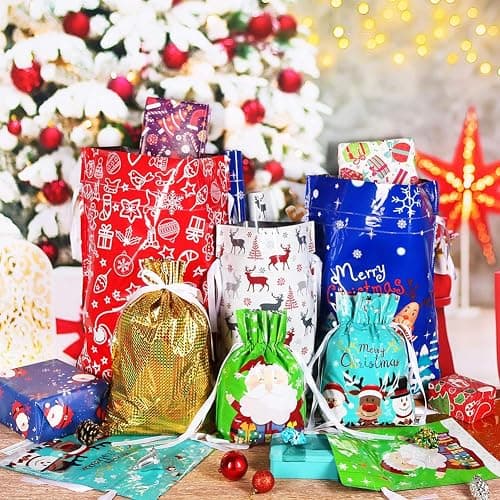 HRX Package Holiday Drawstring Gift Bags, 30pcs Christmas Foil Gift Wrapping Sacks Pouches for Xmas Presents Party Favor (Large Medium Small) thumbnail 7