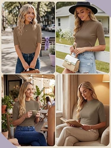 PrinStory Womens Tops Mock Neck Short Sleeve T Shirts Dressy Casual Ribbed Knit Slim Fit Summer Business Going Out Tops 2026 thumbnail 5
