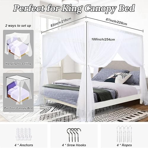 South to East White Canopy Bed Curtains, 4 Corner Post Bed Canopy for Girls & Adults, Top Luxurious Bed Drapes for Bedroom Decoration, 4 Openings, 100% Ripstop Polyester, Easy Install, King Size thumbnail 4