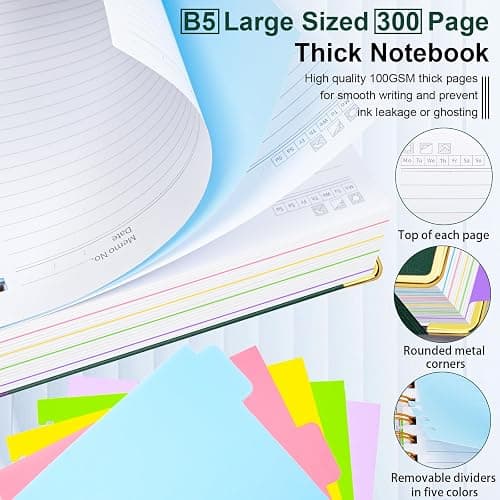 Hardcover Spiral Notebook 8"x10" Journal Notebook with Tabs and Removable Dividers 300 Pages 5 Subject Notebook College Ruled, Faux Leather Spiral Bound Notebook for Women School Work (Green) thumbnail 5