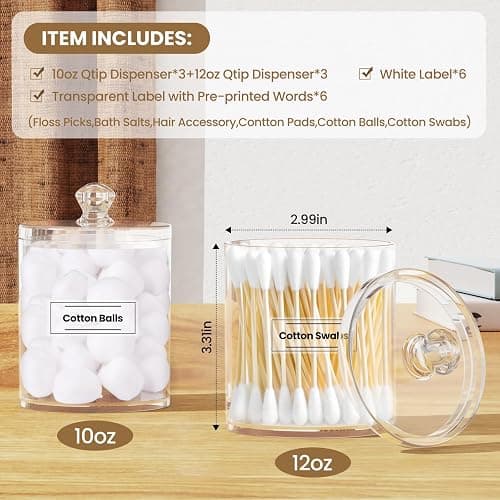 MateeyLife Qtip Holder 6 Pack, Acrylic Q-tip Dispenser for Cotton Pads, Swabs, Balls, Storage Containers for Organizing, Clear Bathroom Canisters with Lid, Apothecary Jars Home Decor Accessories Set thumbnail 9