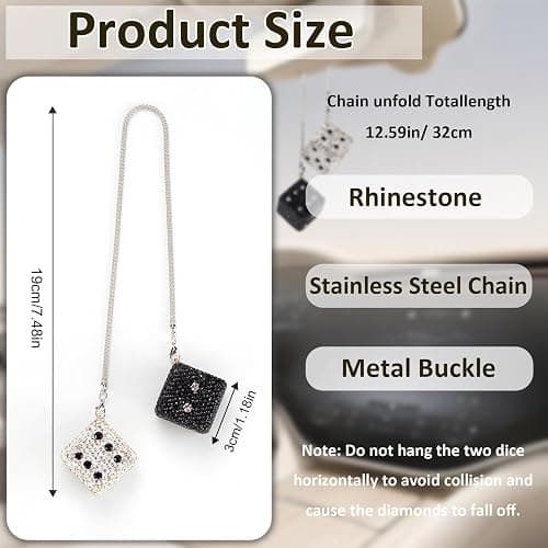 Bling Diamond Dice Car Hanging Accessories – Crystal Rear View Mirror Ornament, Sparkly Car Decor, Lucky car Accessories All Models (Black and White) thumbnail 3