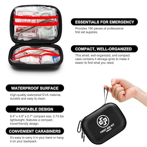 Mini First Aid Kit - 150 Piece Small Waterproof Hard Shell Medical Kit for Home, Car, Travel, Camping, Truck, Hiking, Sports, Office, Vehicle & Outdoor Emergencies (Black) thumbnail 4