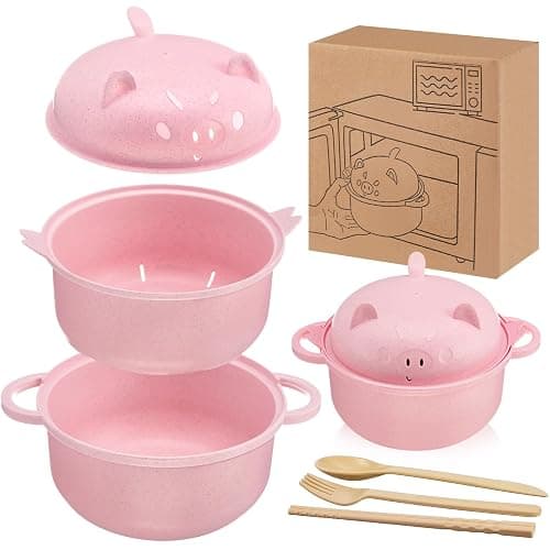 Romooa 1 Set Large 45oz Cute Ramen Bowl Set Microwavable Pig Ramen Noodle Cooker Wheat Straw Bowl with Strainer Lid Spoon Chopsticks Fork Back to School Gift for Dorm College (Pink) - Image 1