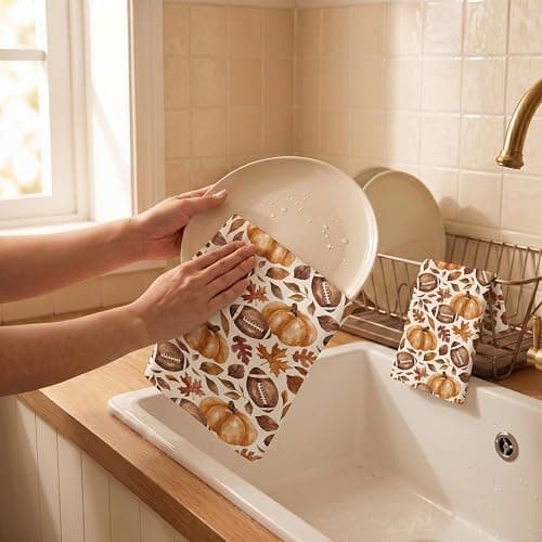 Fall Football Kitchen Towels Set of 2, Pumpkin Leaves, 18 x 26 in | Set of 2 fall kitchen towels with football, pumpkin and maple leaf designs for game day or Thanksgiving decor thumbnail 7