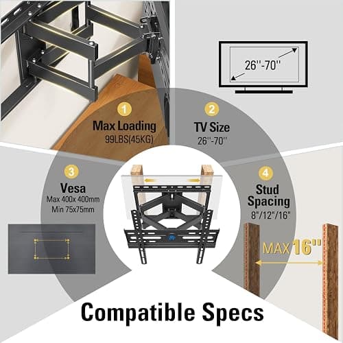 Mounting Dream Full Motion TV Wall Mount for 32-70 Inch TVs up to 99lbs | Mount Bracket with Swivel and Tilt, TV Bracket with Articulating Dual Arms, Fits 16” Studs, Max VESA 400X400 mm, MD2380 thumbnail 7