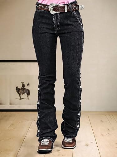 Flamingals Women's Buttoned Hem Bootcut Jeans Without Belt Mid Waist Casual Pants Navy Blue thumbnail 4