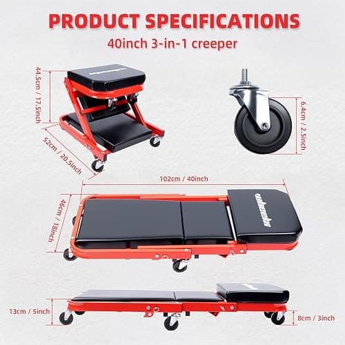 WheelX Mechanic Creeper 40inches 3-in-1 Z Seat 480lbs Capacity, Foldable Garage Chair Adjustable Rolling Folding with 6pcs Wheels Roller, Lay Down Sit Lean Back, Under Car Shop Auto Repair Man Gift thumbnail 3