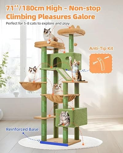 Taoqimiao Cactus Cat Tree, 71-Inch Cat Tower for Indoor Cats Large Adult, Multi-Level Large Cat Condo, 8 Sisal Scratching Posts, Metal Frame Cozy Hammock, Scratch Board, 2 Top Perches, MSC026L thumbnail 8