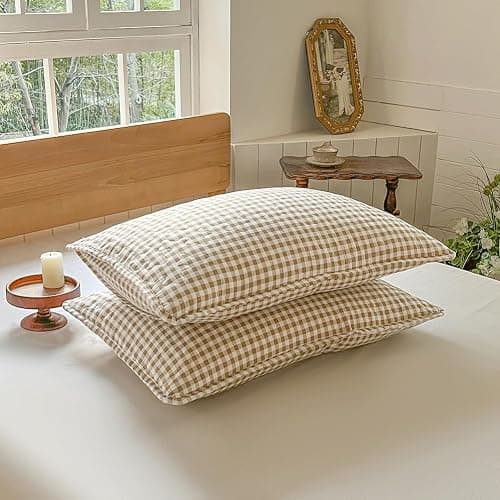 Tan Gingham Queen Quilt Set, Soft Pre-washed Microfiber Taupe Plaid Queen Bedspread, Lightweight Checked Summer Quilt, Grid Bedding Coverlets for All Seasons (Includes 1 Quilt, 2 Pillow Shams) thumbnail 5