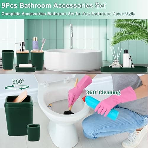 Bathroom Accessory Set 9 Piece Hunter Green Bathroom Set with Trash Can Bathroom Accessories Green Bathroom Decor - Dark Green - Bath Set thumbnail 5
