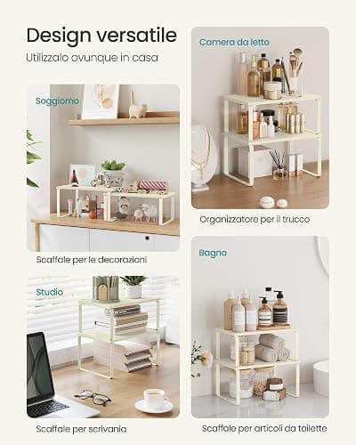 SONGMICS Scaffale Portaspezie, Set di 2 Organizzatori da Cucina Espandibili, Scaffale da Cucina Impilabile, Metallo e Legno Ingegnerizzato, Bianco Crema KCS002W02 thumbnail 7