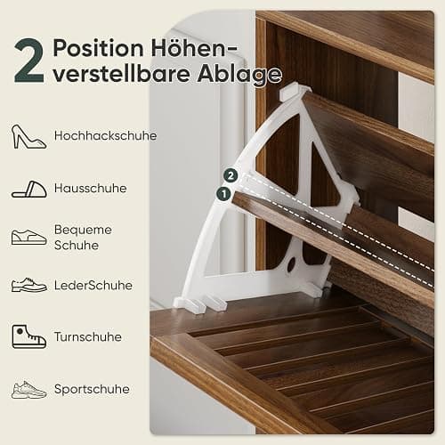 Smart FENDEE Schuhschrank Bauernhausstil, schmaler freistehender Schuh-Organizer mit 2 klappbaren Latten-Schubladen (Slatted), goldene Griffe, versteckter Eingangsbereich für Flur, Walnuss 80B cm thumbnail 5