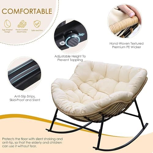 NICESOUL Papasan Rocking Chair with Cushion Indoor Outdoor, Oversized Padded Egg Rocking Chair, All-Weather Wicker Rattan Lounge Rocker, 450 lbs Capacity Glider for Living Room Balcony Porch, Beige thumbnail 7
